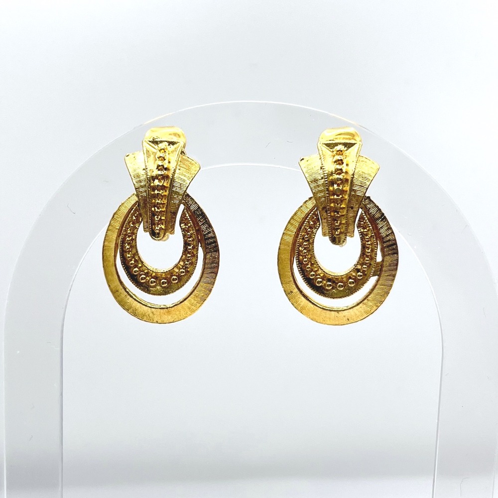 Vintage Gold Tone Textured Double‎ Hoop Drop Clip On Earrings Retro Statement